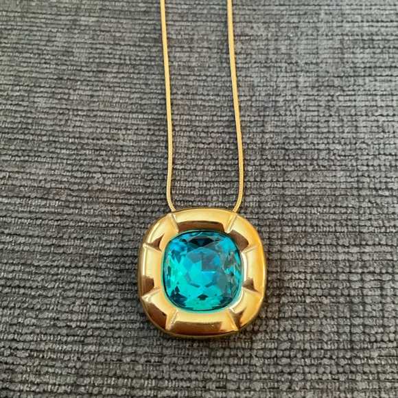 Blue Zircon Cushion Cut Crystal Necklace 18K Gold Bezel Setting Zircon Amulet - Picture 8 of 9